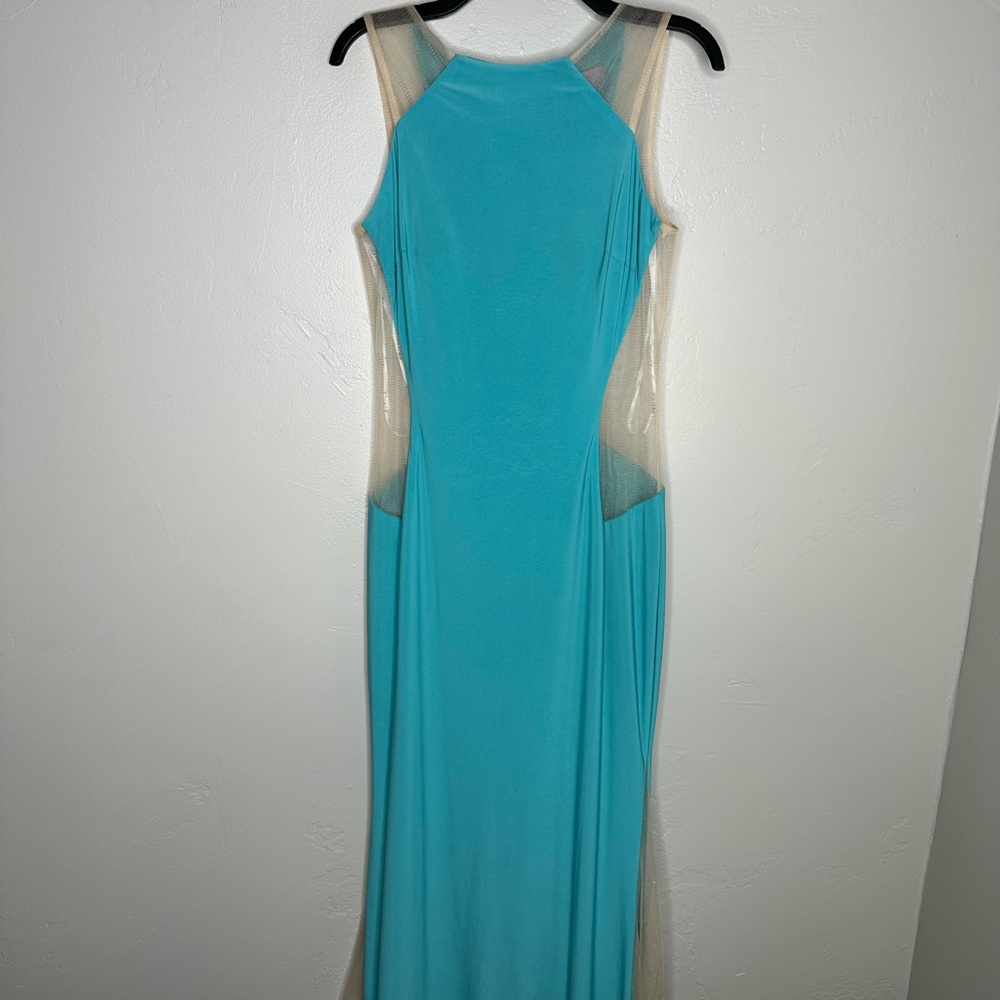 Jovani Turquoise Mesh Jersey Backless Pageant Prom Dress